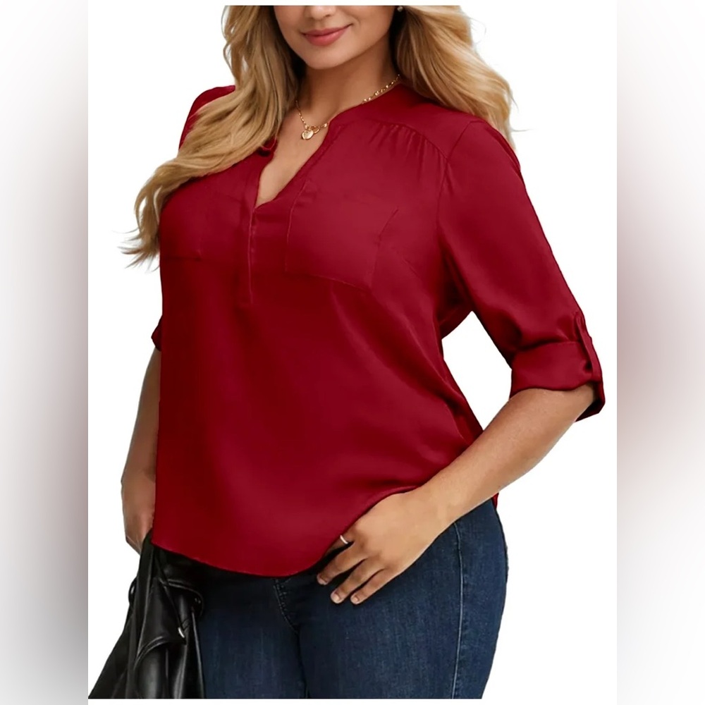 WellSize women’s plus size 3/4 roll sleeve wine red flowy blouse, size 4XL, NWT
